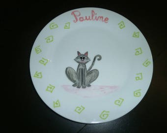 assiette peinte personnalisée "chat assis " couleur et motif au choix