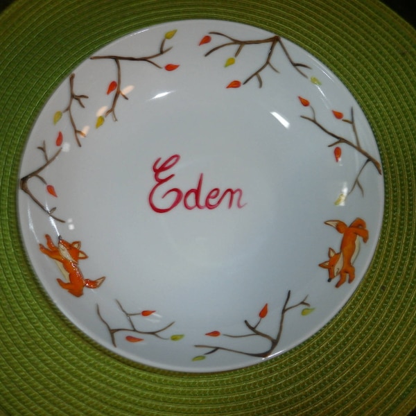 assiette creuse porcelaine peinte personnalisée prénom motif "renard & automne"