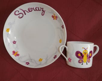 service 2 pièce porcelaine peinte personnalisé motif papillon et entrelats de fleurs