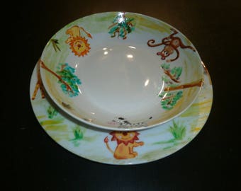 service assiette plate & creuse porcelaine peinte motif lion zèbre giraffe éléphant