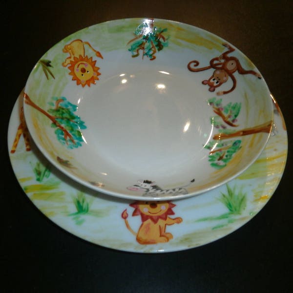 service assiette plate & creuse porcelaine peinte motif lion zèbre giraffe éléphant