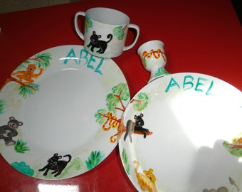 4-piece Limoges porcelain service painted personalized 2 plates, timpani and egg cup