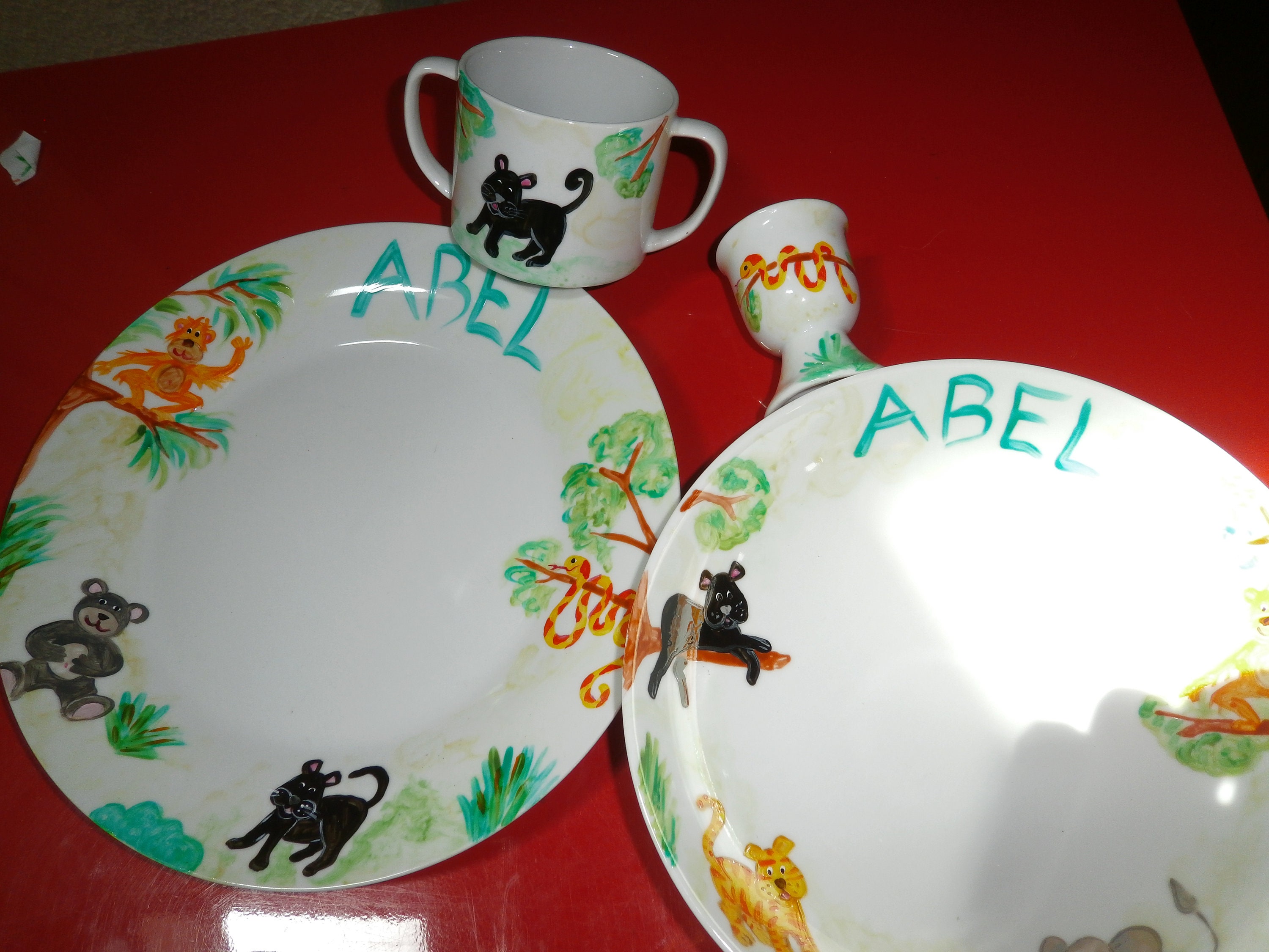 Service 4 Pièce Porcelaine Limoges Peint Personnalisé 2 Assiettes , Timbale et Coquetier