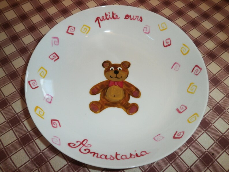 assiette de porcelaine personnalisée peinte motif petit ours tons au choix image 2