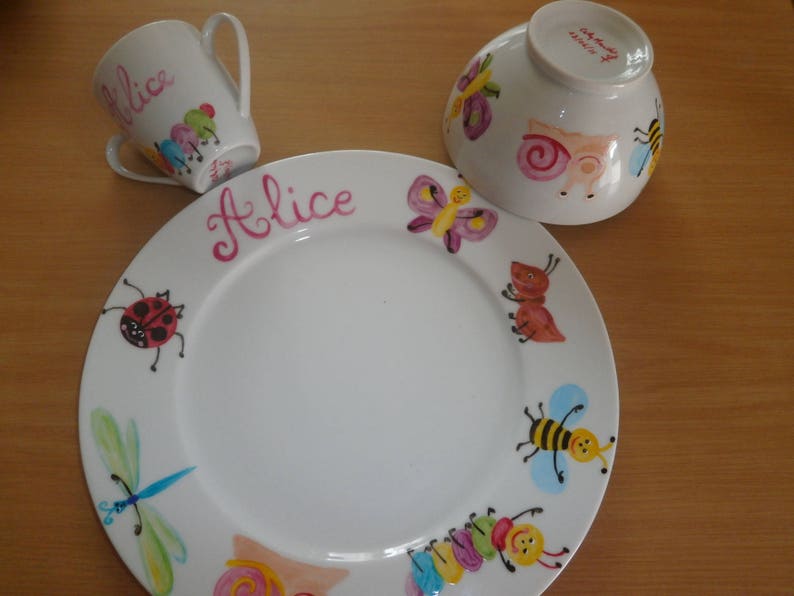 service 5 pièces porcelaine peint personnalisé motif au choix 2 assiettes, bol, timable, coquetier image 2