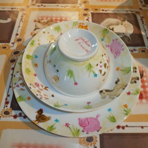 3-piece service flat and deep plate, personalized bowl with farm, jungle or African pattern image 2