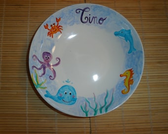 assiette  creuse porcelaine peinte personnalisée motif animaux de la mer