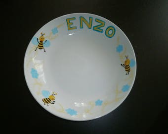 personalized painted plate with bees & clouds pattern
