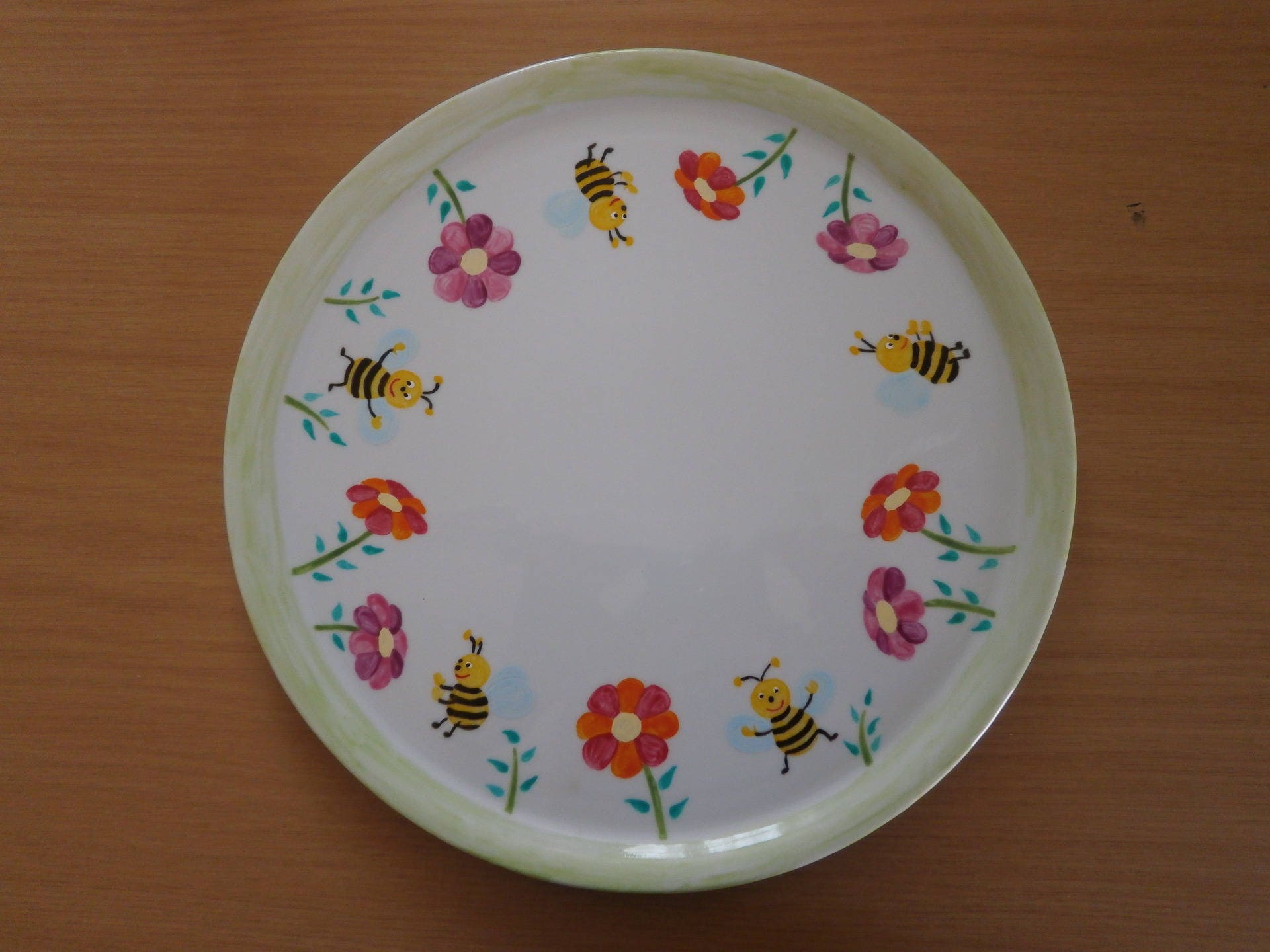 Plat à Tarte en Porcelaine Peint Jardin d'abeille Multicolore