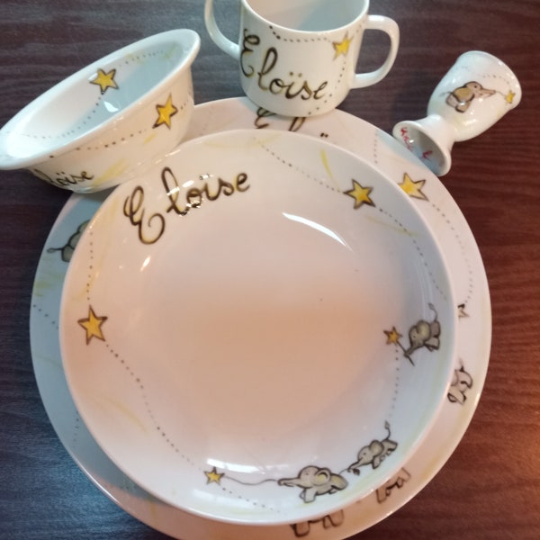 ensemble en porcelaine 5 pièces peint à la main personnalisé motif au choix pour enfant