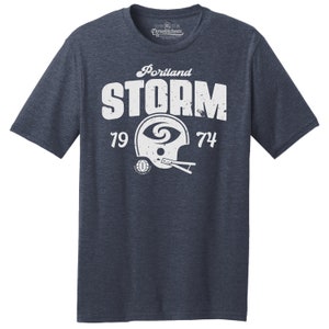 Portland Storm 1974 WFL Football  Classic Cut, Premium Tri-Blend Tee Shirt - Navy Heather & Black