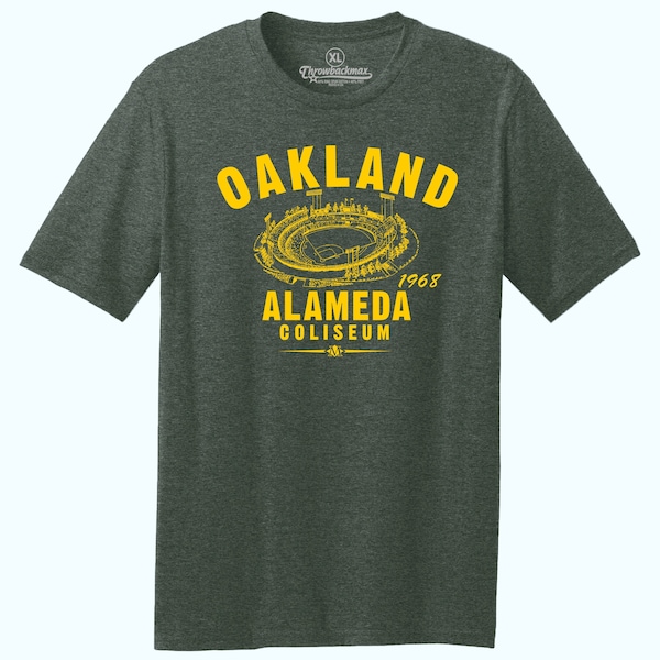 Throwbackmax Oakland Alameda Stadium 1968 Baseball Classic Cut, Premium Tri-Blend Tee Shirt - Home of Your Oakland A's - Green Heather