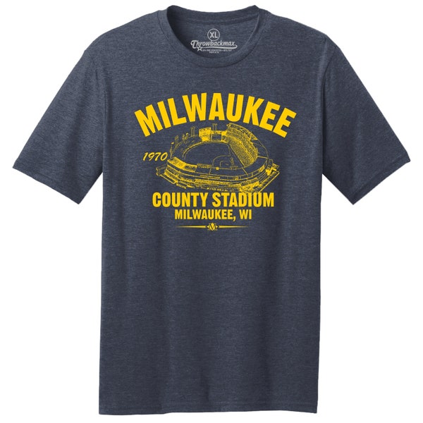 Throwbackmax Milwaukee County Stadium 1970 Baseball Premium Tri-Blend Tee Shirt - Past Home of Your Milwaukee Brewers - Navy Heather