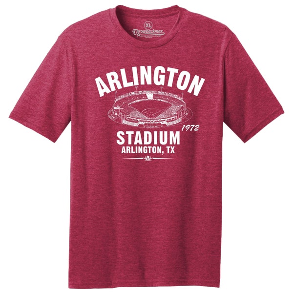 Throwbackmax Arlington Stadium 1972 Baseball Classic Cut, Premium Tri-Blend T-Shirt - Ehemaliges Zuhause Ihrer Texas Rangers - Red Heather