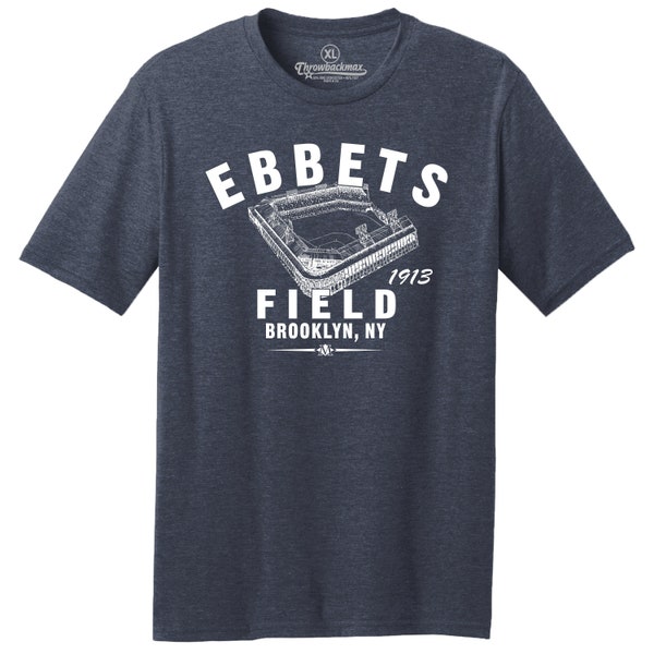 Throwbackmax Ebbets Field 1913 Baseball Classic Cut, Premium Tri-Blend Tee Shirt - Past Home of the Brooklyn Dodgers - Navy Heather