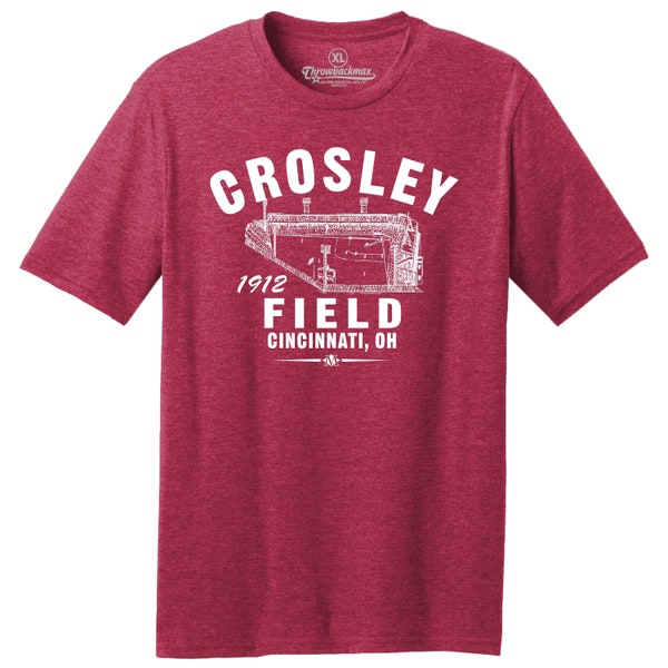 Throwbackmax Crosley Field 1912 Baseball Classic Cut, Premium Tri-Blend Tee Shirt - Past Home of Your Cincinnati Reds - Red Heather