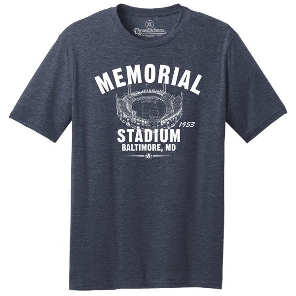 Throwbackmax Memorial Stadium 1953 Football Classic Cut, Premium Tri-Blend Tee Shirt - Past Home of Your Baltimore Colts - Navy Heather