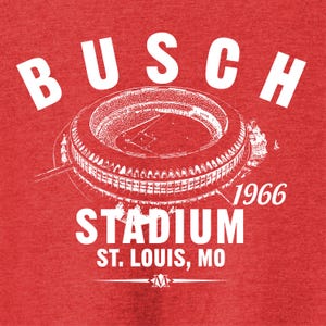 Busch Stadium 1966 Baseball Classic Cut, Premium Tri-Blend Tee Shirt - Past Home of Your St. Louis Cardinals - Red Heather