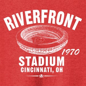 Riverfront Stadium 1970 Baseball Classic Cut, Premium Tri-Blend Tee Shirt - Past Home of Your Cincinnati Reds - Red Heather