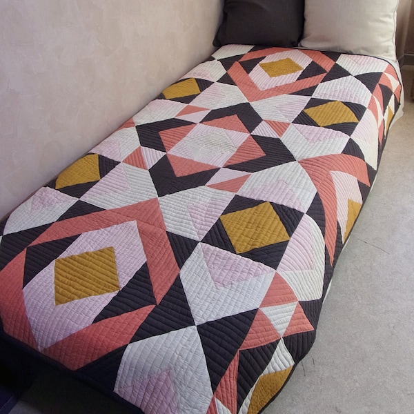 Couverture patchwork géométrique, boutis patchwork décoratif, tenture patchwork, tableau textile