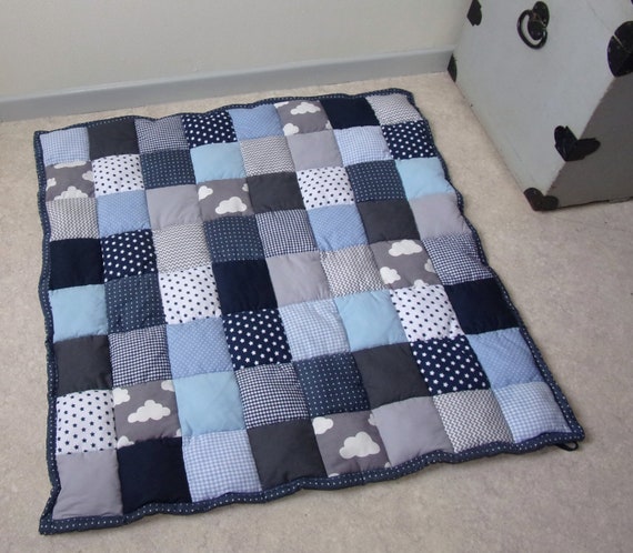 Tapis De Jeu Bébé Patchwork Bleu Et Gris 90x90cm