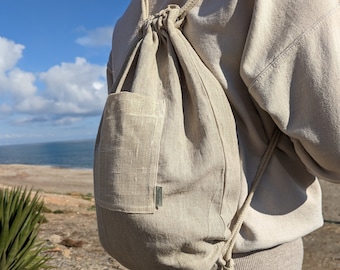 Backpack, Hemp rucksack bag - hemp drawstring with pockets- walking - travel bag  - shopping bag - natural canvas  -hemp canvas - laptop, UK