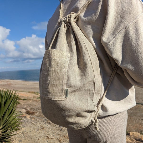 Backpack, Hemp rucksack bag - hemp drawstring with pockets- walking - travel bag  - shopping bag - natural canvas  -hemp canvas - laptop, UK