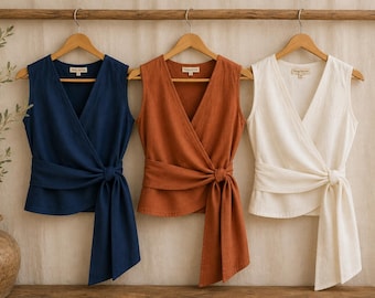 Hemp Linen Wrap Top – Women’s Sleeveless V Neck Tie Top – Navy Blue, Terracotta or White – Handmade Natural Summer Clothing - Enzymed washed