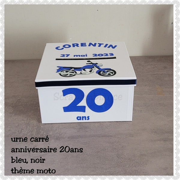 urne anniversaire 20ans thème moto, urne carré personnalisée, urne faite-main anniversaire