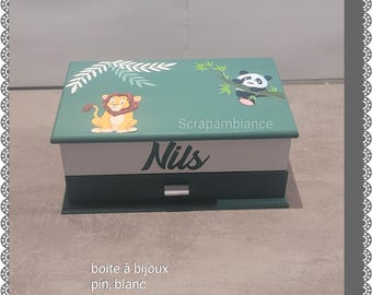 personalized wooden jewelry box, jewelry case, jewelry organizer: pine and white jungle theme