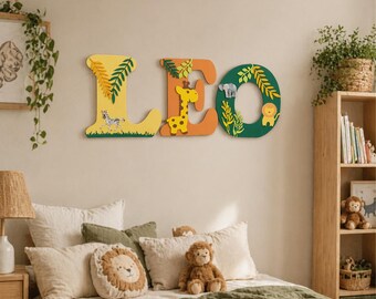 Personalized wooden name – Baby room decoration letter – Children's wall name – Original birth gift – Jungle-themed wooden letter to stick on