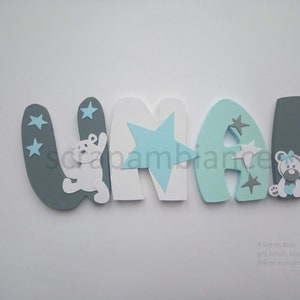 carta de nombre de madera, carta de la habitación del bebé, nombre personalizado, nombre de madera, carta para pegar, regalo de nacimiento estrellas TEMA y ositos de peluche