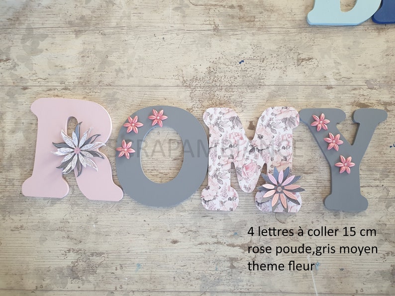 wooden letter, wooden first name, door plaque, first name to stick, baby letter, personalized first name, decorative letter THEME flowers image 1