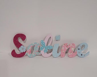 wooden first name letter, personalized first name, baby letter, birth gift, children's room decoration letter FLOWERS and BUTTERFLIES theme