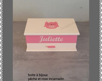 personalized wooden jewelry box, jewelry box, jewelry organizer: powder pink and white owl theme
