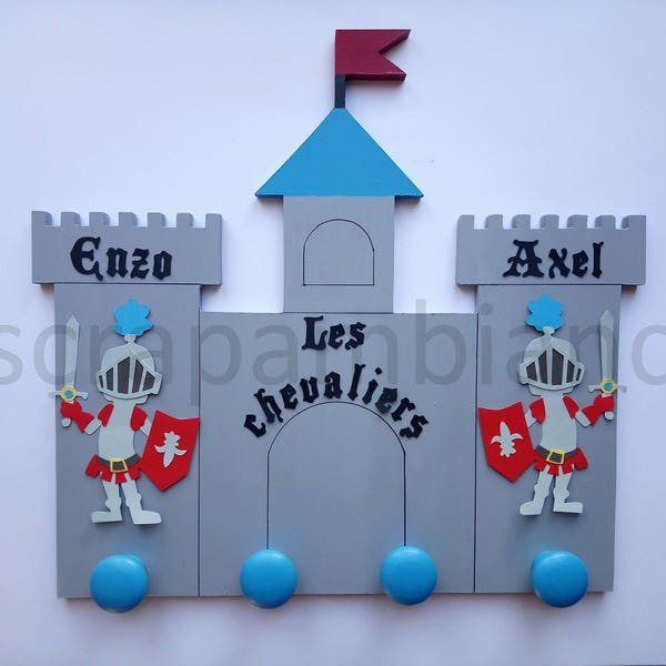 porte-manteau bois, porte manteau enfant, porte manteau chevalier, personnalisé, mural , 4 patères , thème chevalier; 100% fait main