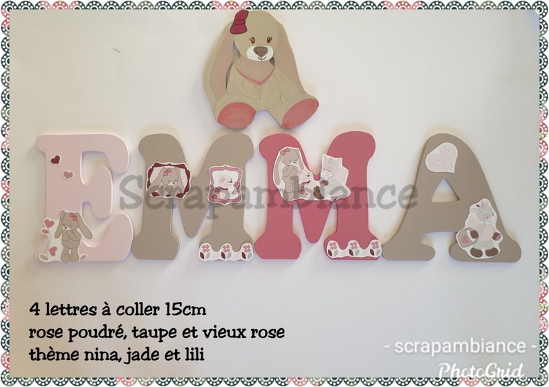 lettre prénom bois, lettre chambre bébé, prénom personnalisé, cadeau naissance, lettre à coller thème nina jade et lili image 1