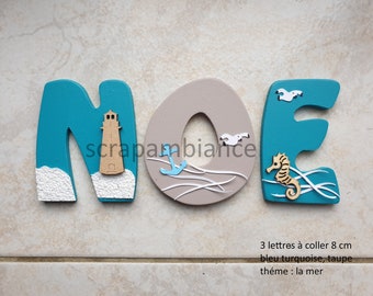 lettre prénom bois, lettre chambre bébé, plaque de porte bébé, décoration chambre bébé, lettre à coller, cadeau naissance THEME la mer