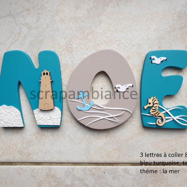 lettre prénom bois, lettre chambre bébé, plaque de porte bébé, décoration chambre bébé, lettre à coller, cadeau naissance THEME la mer