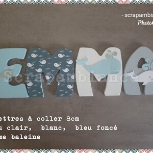 carta de nombre de madera, carta de la habitación del bebé, placa de la puerta del bebé, decoración de la habitación del bebé, carta para pegar, regalo de nacimiento del TEMA de la ballena
