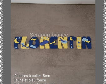 wooden first name letter, children's and baby's room decoration, wooden first name, letter to stick, airplane theme birth gift, clouds