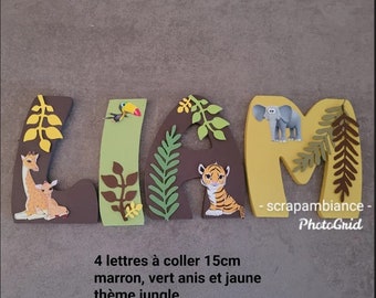 wooden first name letter, baby room letter, bedroom decoration letter, personalized wooden first name with animal and jungle theme