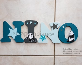 wooden first name letter, baby letter, personalized first name, child and baby room decoration, letter to stick with panda and stars theme