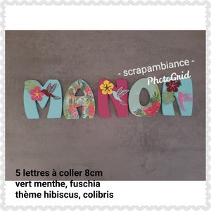 carta de nombre de madera, carta de la habitación del bebé, decoración de la habitación del bebé, nombre de madera, tema personalizado, exótico, hibisco y colibríes