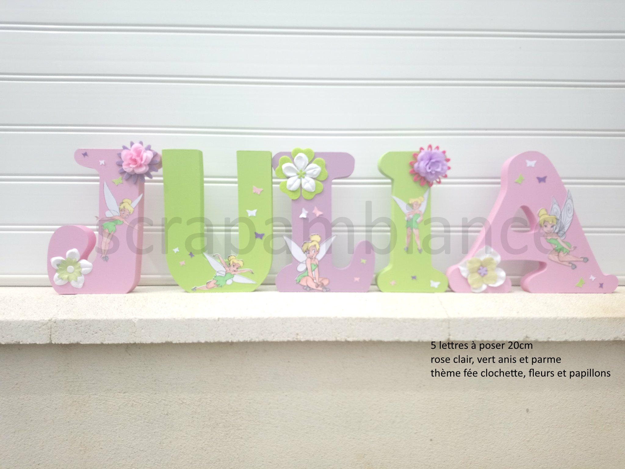 Lettre en Bois, Lettre Décoration Chambre , Bébé, Prénom à Poser, Personnalisé , Thème Fée Clochette