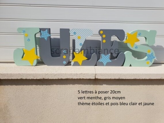 Lettre Prénom Bois, Lettre Chambre Bébé, Décoration Chambre, en Personnalisé Thème Étoiles et Pois