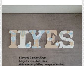 wooden first name letter / child and baby room decoration / letter to stick, personalized first name, hot air balloon theme, star cloud