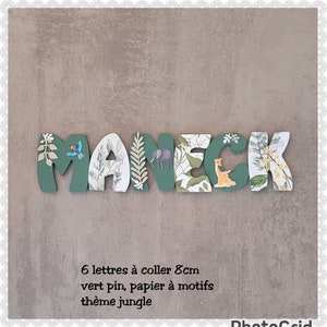 carta de nombre de madera, carta de la habitación del bebé, carta de decoración del dormitorio, tema personalizado de la selva del nombre de madera