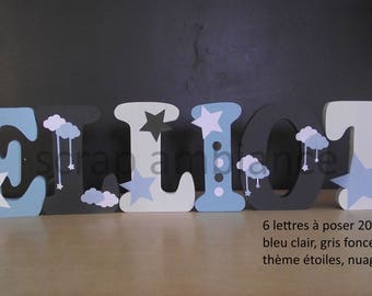 lettre en bois, prénom en bois, lettre à poser, lettre bébé, prénom personnalisé, cadeau de naissance thème étoile  nuage