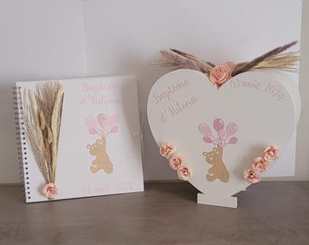 Boho-chic christening urn and guest book set, featuring teddy bears. Heart-shaped or sold individually.
